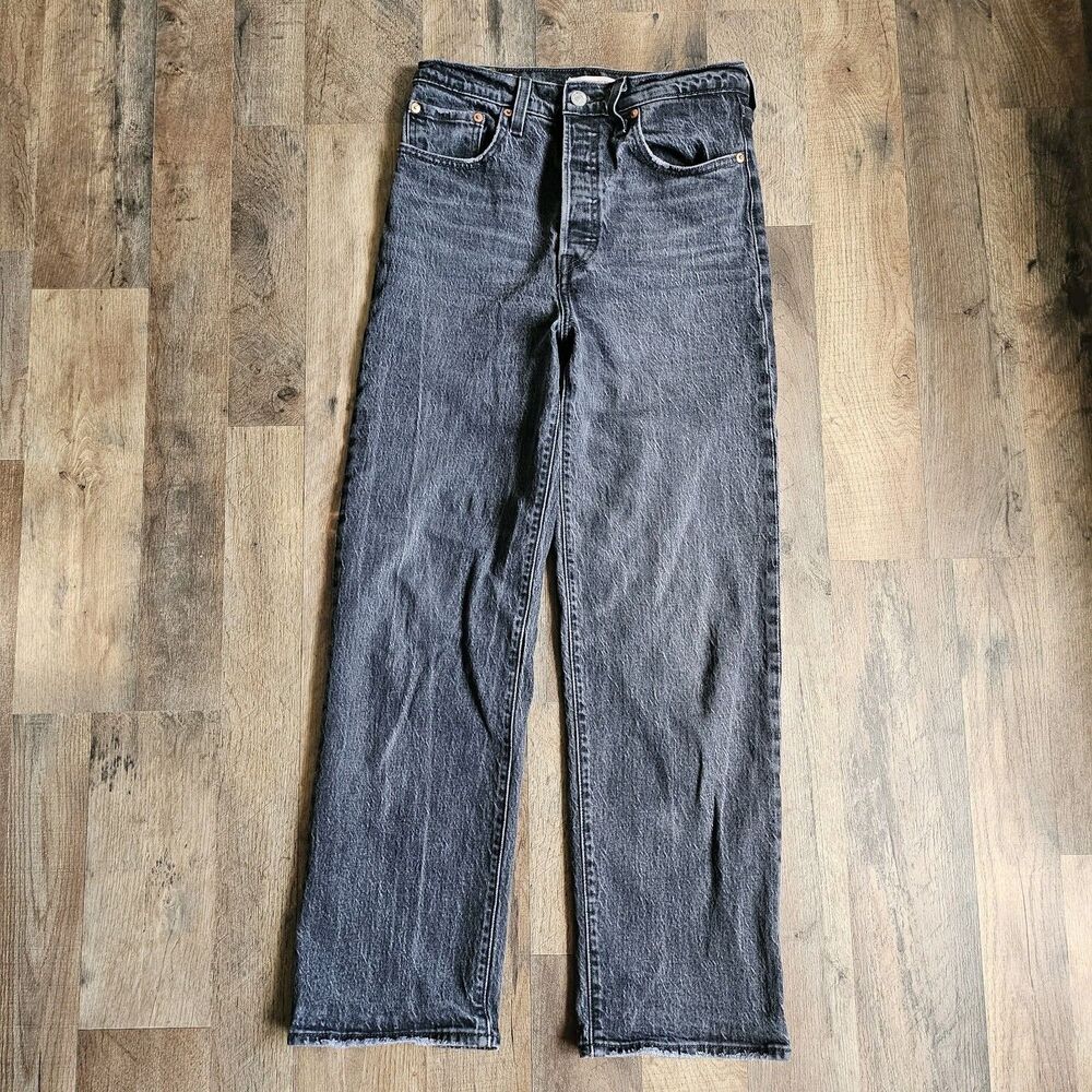 Levis Ribcage Straight Jeans Washed Gray Denim Distressed Grunge 27 * 29